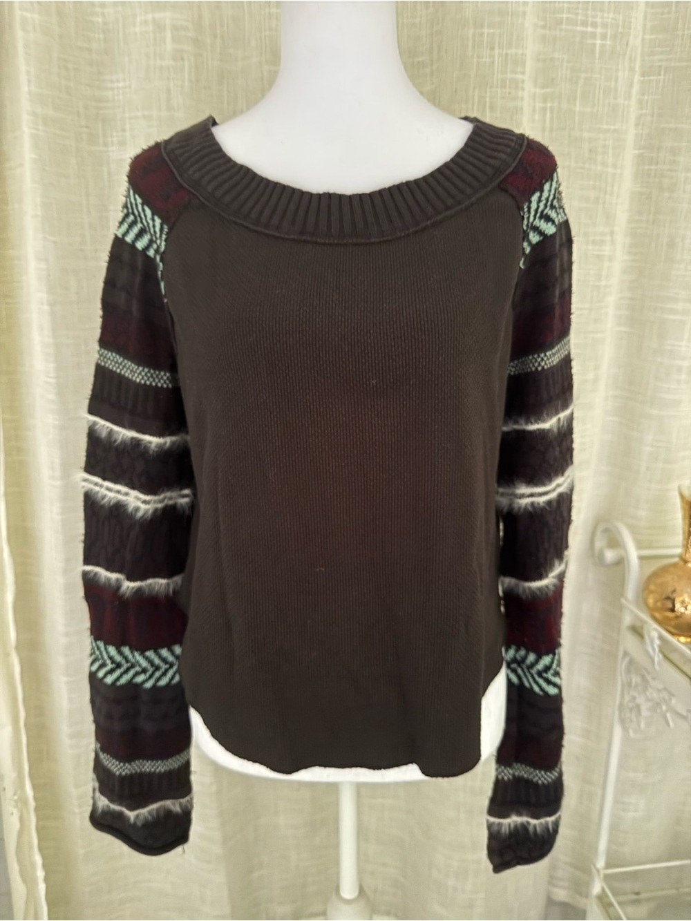 Free People Medium Mixed Knit Sweater Brown Fair Isle Fuzzy Sleeve Boho